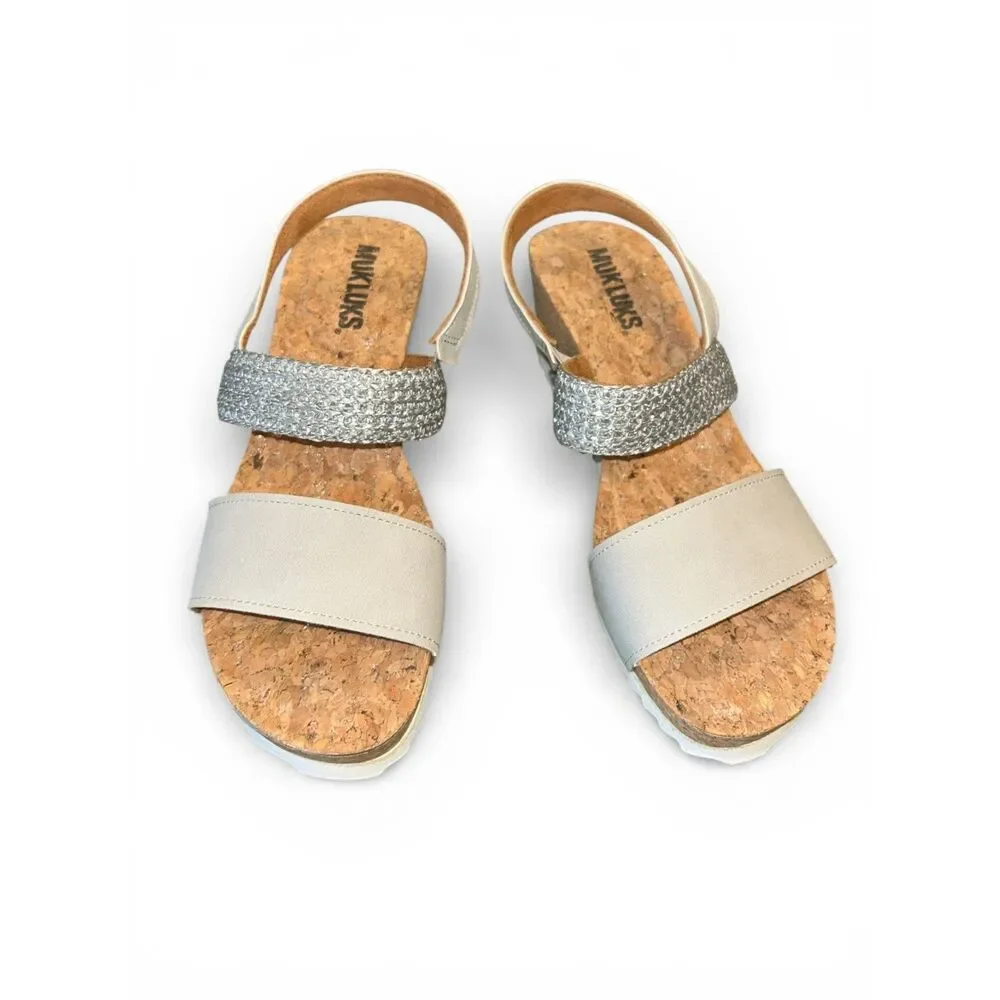 MUK LUKS Silver Glitter Cork Wedge Sandals Women’s 7 White Strappy Platform